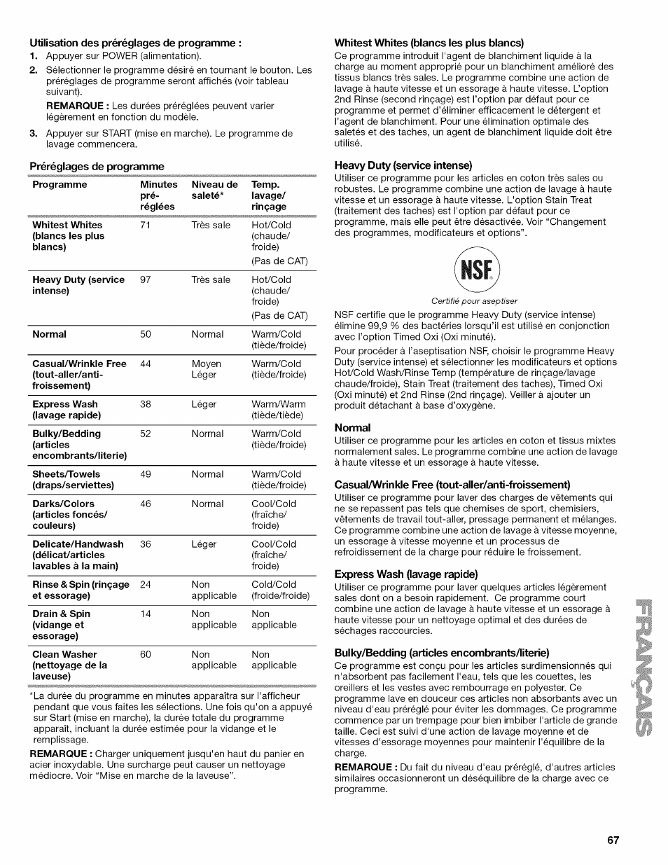 Utilisation des préréglages de programme, Préréglages de programme, Whitest whites (blancs les plus blancs) | Heavy duty (service intense), Normal, Casual/wrinkie free (tout-aller/anti-froissement), Express wash (lavage rapide), Bulky/bedding (articles encombrants/literie) | Kenmore OASIS HT W10026626B User Manual | Page 67 / 80