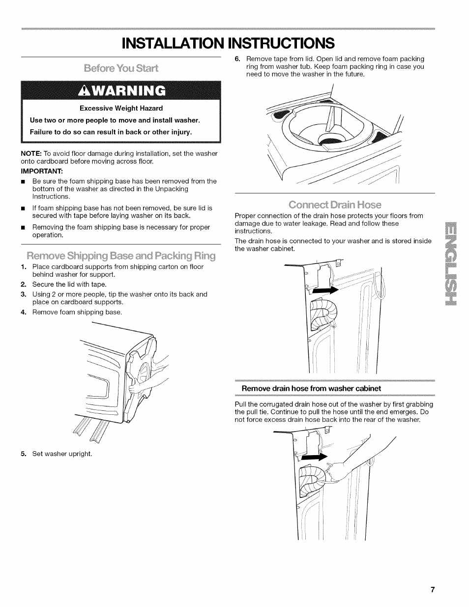 Installation instructions, Awarning, Remove drain hose from washer cabinet | Kenmore OASIS HT W10026626B User Manual | Page 7 / 80