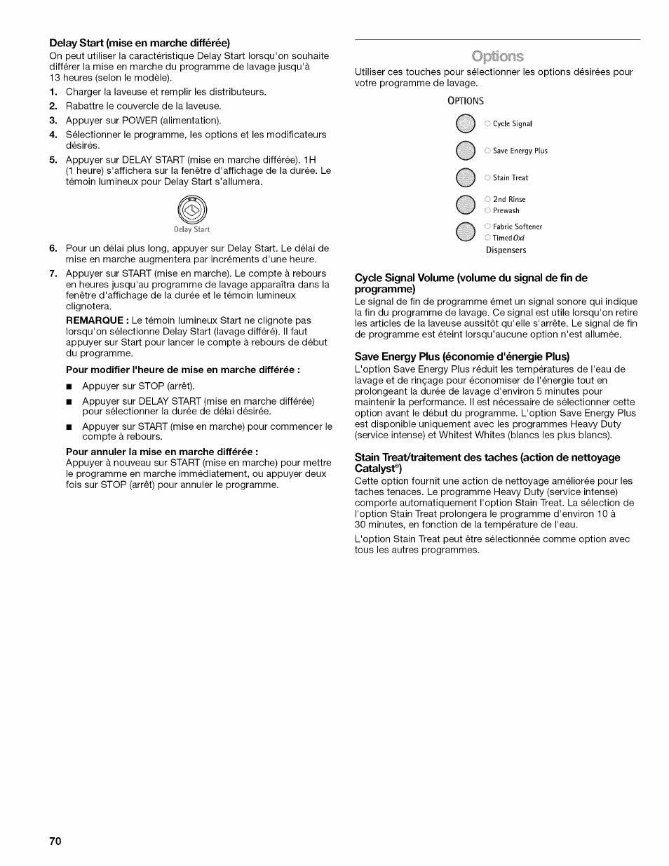 Delay start (mise en marche différée), Save energy plus (économie d'énergie plus) | Kenmore OASIS HT W10026626B User Manual | Page 70 / 80