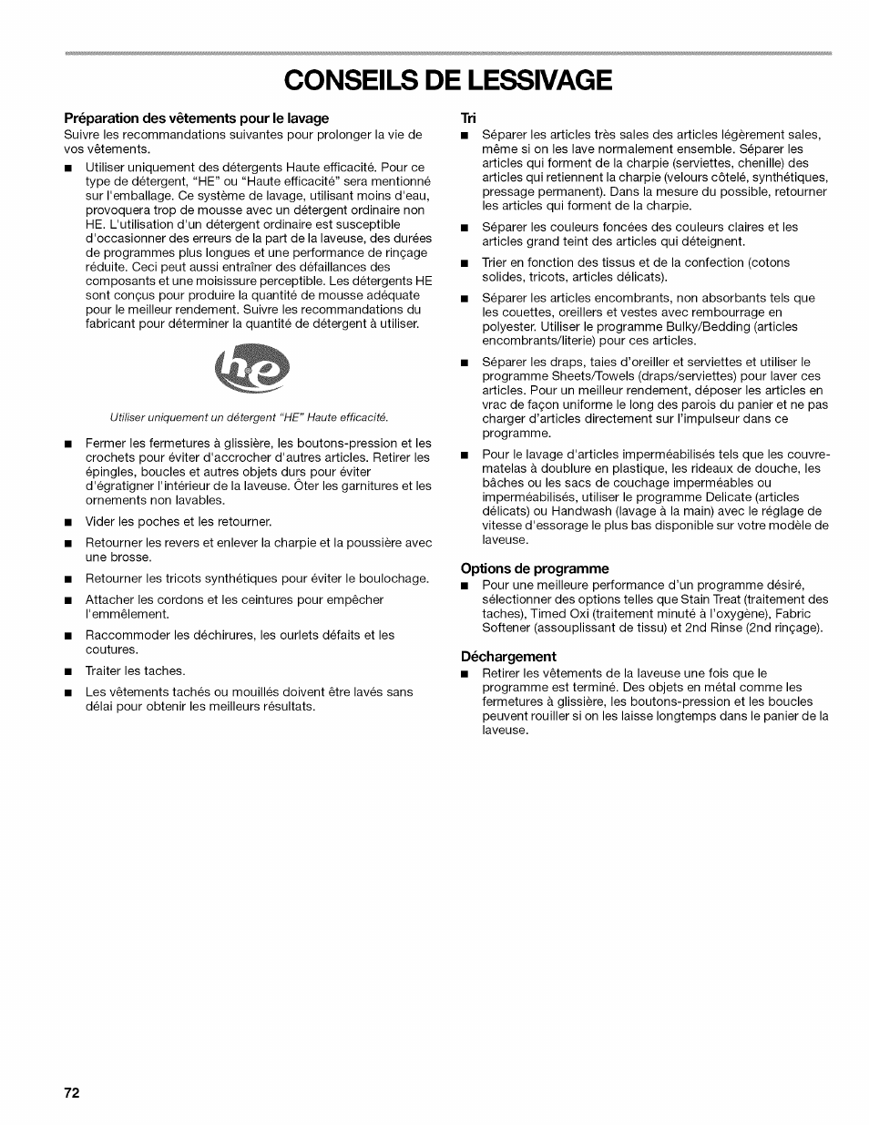 Conseils de lessivage, Préparation des vêtements pour le lavage, Options de programme | Déchargement | Kenmore OASIS HT W10026626B User Manual | Page 72 / 80