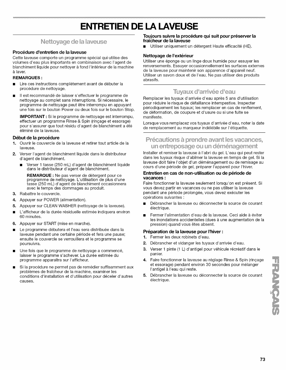 Entretien de la laveuse, Procédure d'entretien de la laveuse | Kenmore OASIS HT W10026626B User Manual | Page 73 / 80