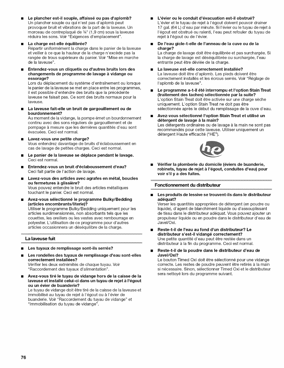 La laveuse fuit, Fonctionnement du distributeur | Kenmore OASIS HT W10026626B User Manual | Page 76 / 80