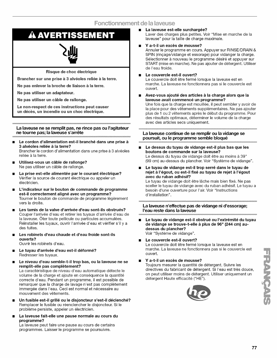 A avertissement, Fonctionrîemeiit de la laweuse | Kenmore OASIS HT W10026626B User Manual | Page 77 / 80