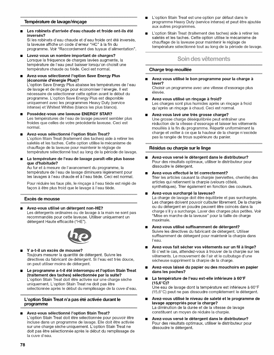 Température de lavage/rinçage, Excès de mousse, Charge trop mouillée | Résidus ou charpie sur le linge, Soin des eêterneiits | Kenmore OASIS HT W10026626B User Manual | Page 78 / 80