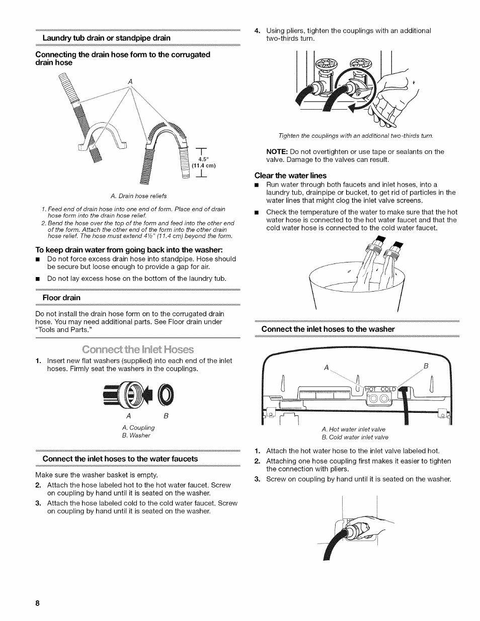 Laundry tub drain or standpipe drain, Floor drain, Clear the water lines | Kenmore OASIS HT W10026626B User Manual | Page 8 / 80