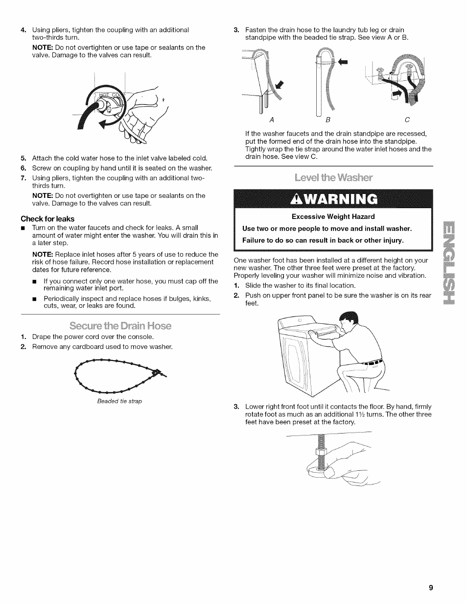 Check for leaks, Warning | Kenmore OASIS HT W10026626B User Manual | Page 9 / 80