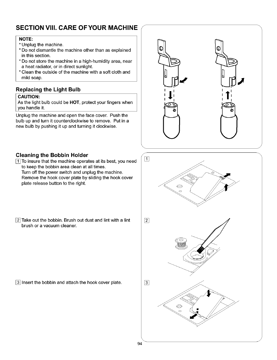 Section vili. care of your machine, Note, Replacing the light bulb | Caution, Cleaning the bobbin holder | Kenmore 385.160201 User Manual | Page 102 / 109