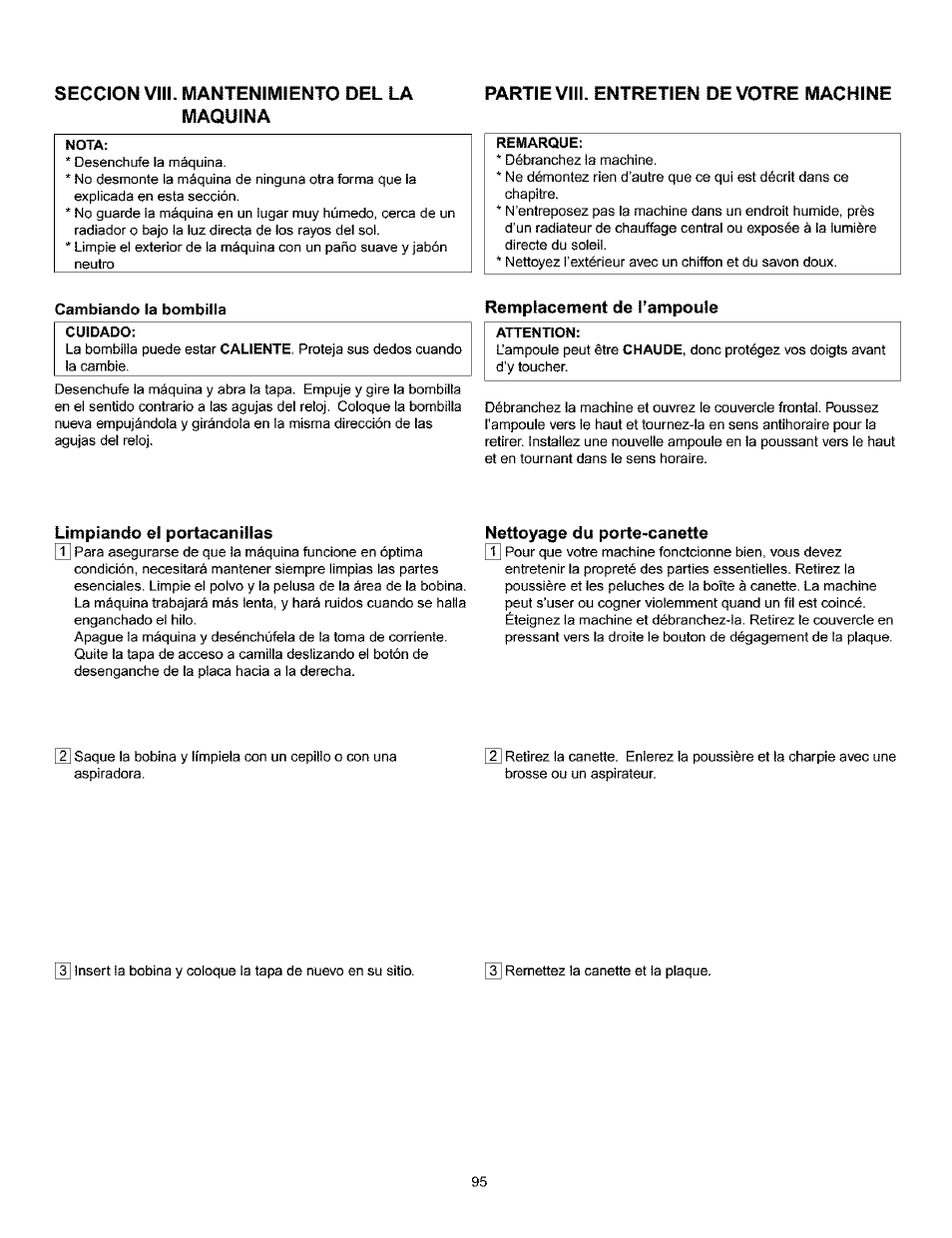 Seccion viii. mantenimiento del la maquina, Partie viii. entretien de votre machine, Limpiando el portacanillas | Nettoyage du porte-canette | Kenmore 385.160201 User Manual | Page 103 / 109