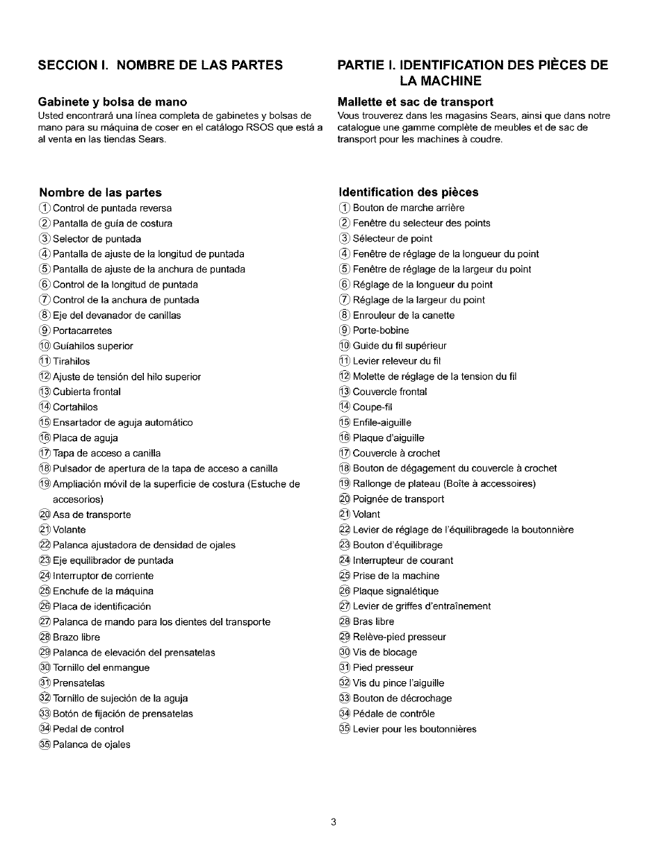 Seccion i. nombre de las partes, Gabinete y bolsa de mano, Partie i. identification des pièces de la machine | Mallette et sac de transport, Nombre de las partes, Identification des pièces, Gabinete y bolsa de mano nombre de las partes | Kenmore 385.160201 User Manual | Page 11 / 109