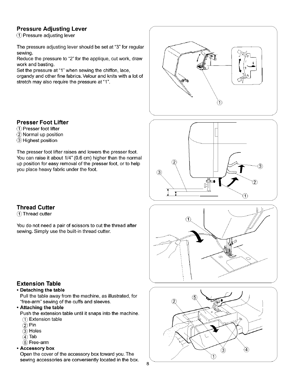 Pressure adjusting lever, Presser foot lifter, Thread cutter | Extension tabie, Pressure adjusting lever presser foot lifter, Extension table | Kenmore 385.160201 User Manual | Page 16 / 109