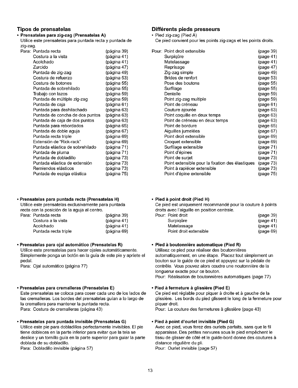 Tipos de prénsatelas, Différents pieds presseurs | Kenmore 385.160201 User Manual | Page 21 / 109