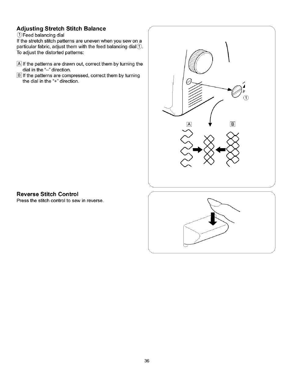 Adjusting stretch stitch balance, Reverse stitch control | Kenmore 385.160201 User Manual | Page 44 / 109