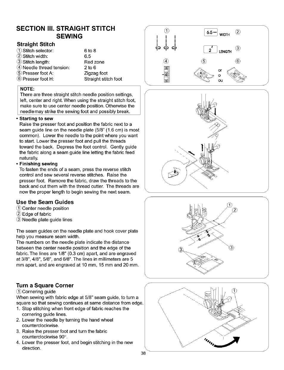 Section iii. straight stitch sewing, Straight stitch, Use the seam guides | Turn a square corner, C|i c | Kenmore 385.160201 User Manual | Page 46 / 109
