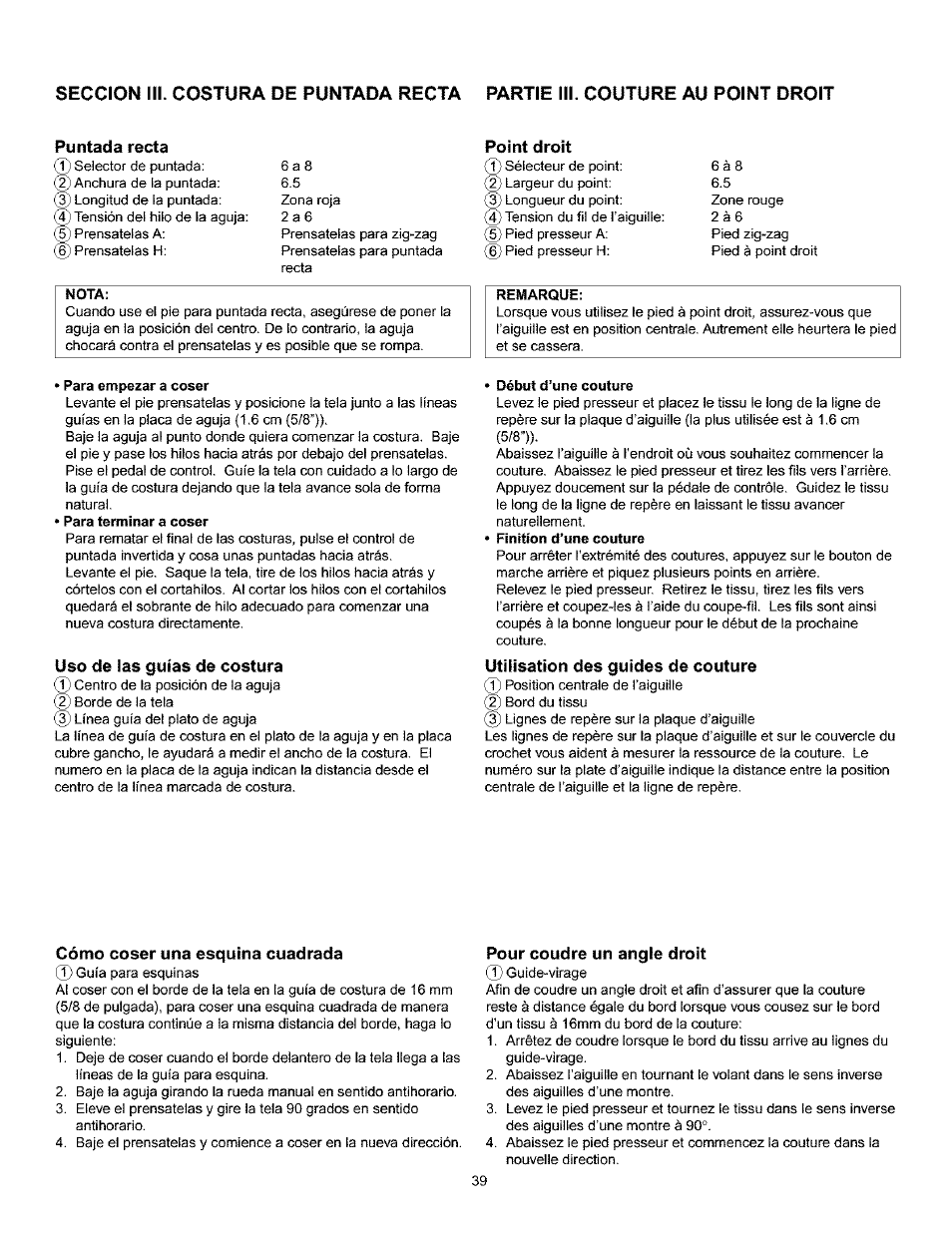 Puntada recta, Nota, Point droit | Para empezar a coser, Uso de las guías de costura, Début d’une couture, Utilisation des guides de couture, Cómo coser una esquina cuadrada, Pour coudre un angle droit, Point droit • dèbutd’ une couture | Kenmore 385.160201 User Manual | Page 47 / 109