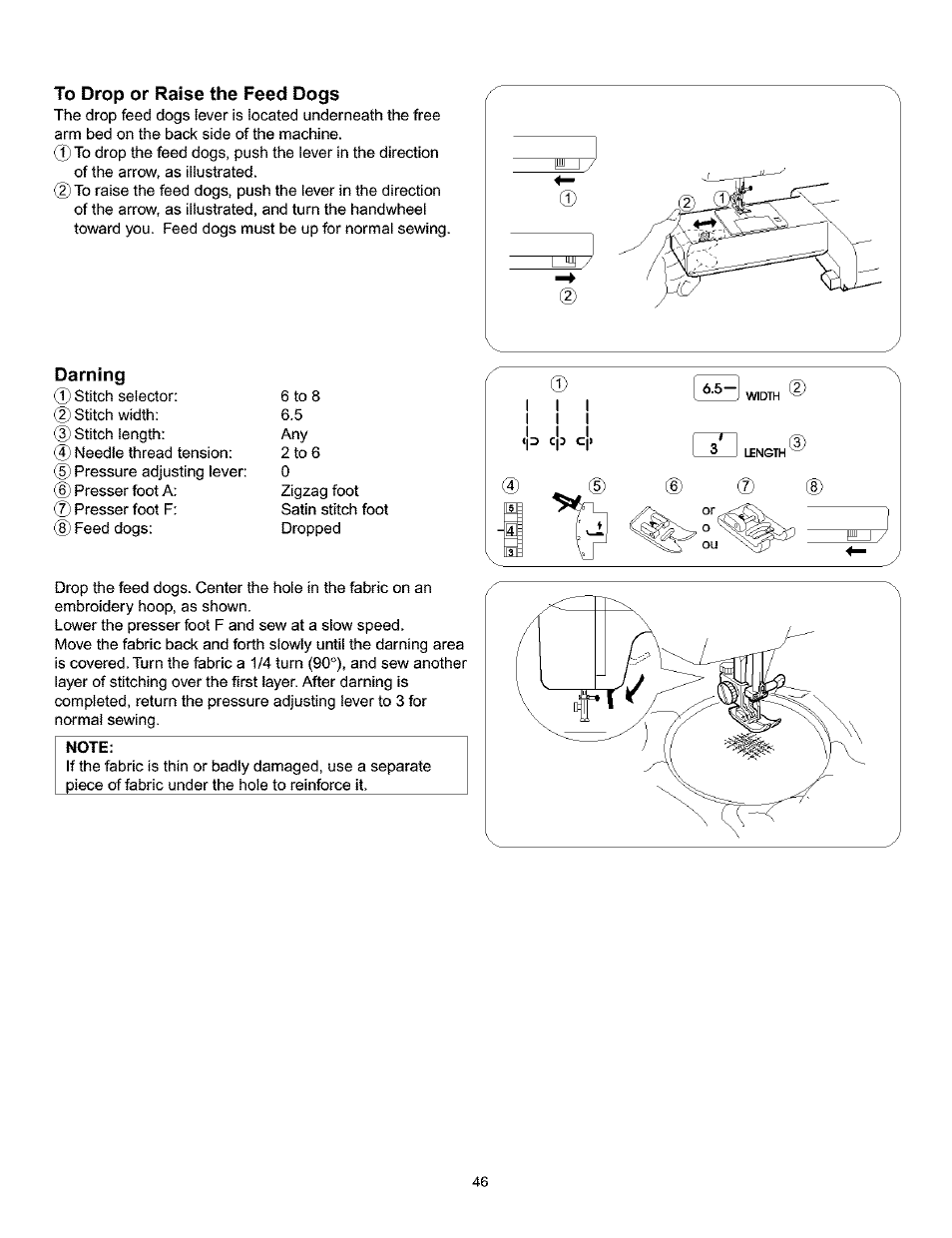 To drop or raise the feed dogs, Darning, Note | Kenmore 385.160201 User Manual | Page 54 / 109