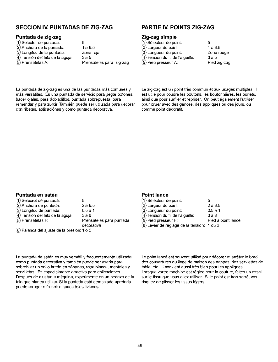 Seccion iv. puntadas de zig-zag, Puntada de zig-zag, Partie iv. points zig-zag | Zig-zag simple | Kenmore 385.160201 User Manual | Page 57 / 109