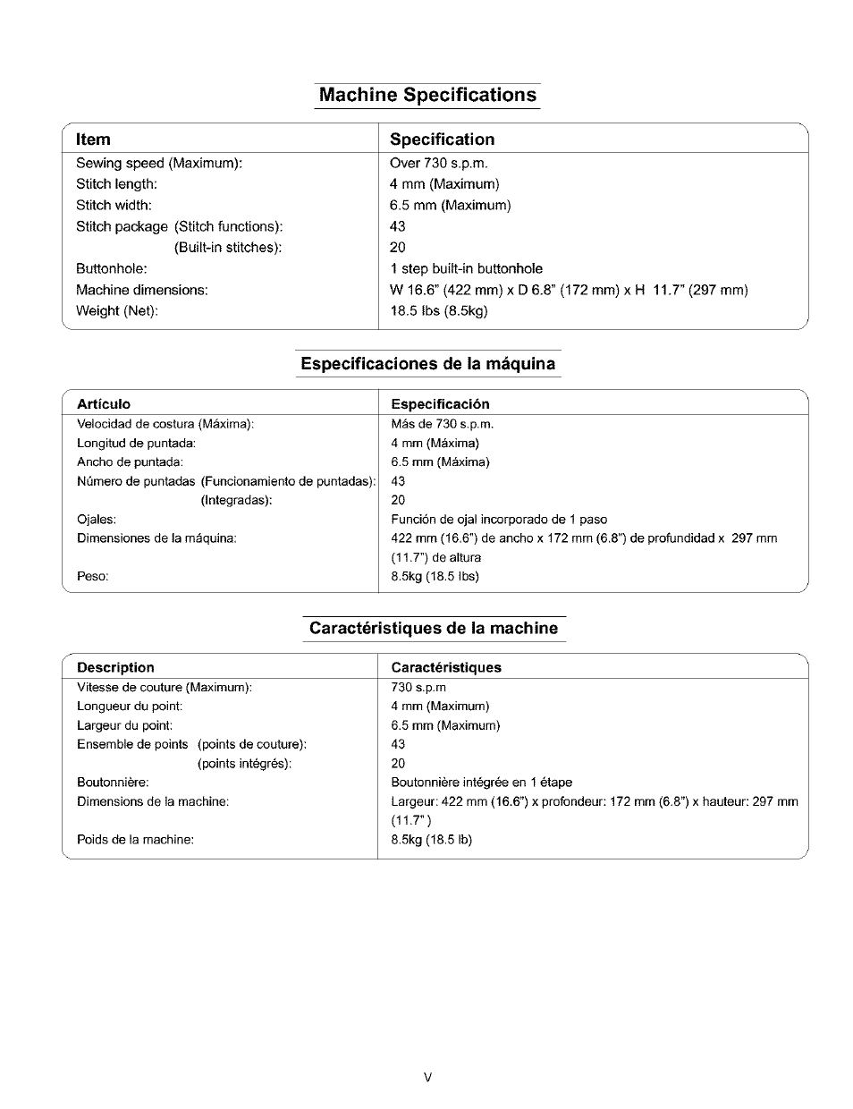 Especificaciones de ia máquina, Caractéristiques de ia machine, Machine specifications | Item specification | Kenmore 385.160201 User Manual | Page 6 / 109