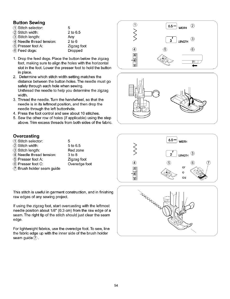 Button sewing, Overcasting | Kenmore 385.160201 User Manual | Page 62 / 109