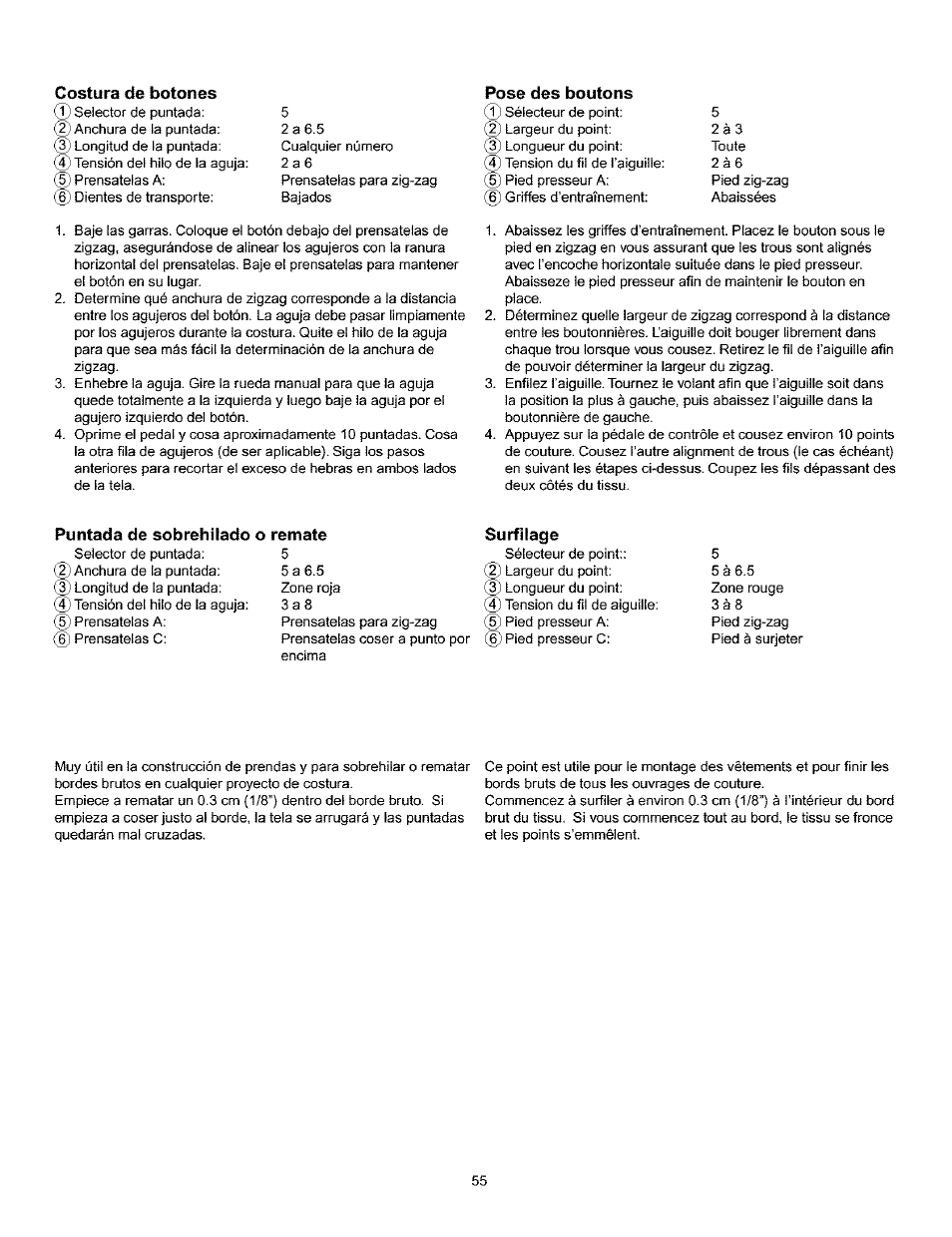 Costura de botones, Pose des boutons, Puntada de sobrehilado o remate | Surfilage | Kenmore 385.160201 User Manual | Page 63 / 109