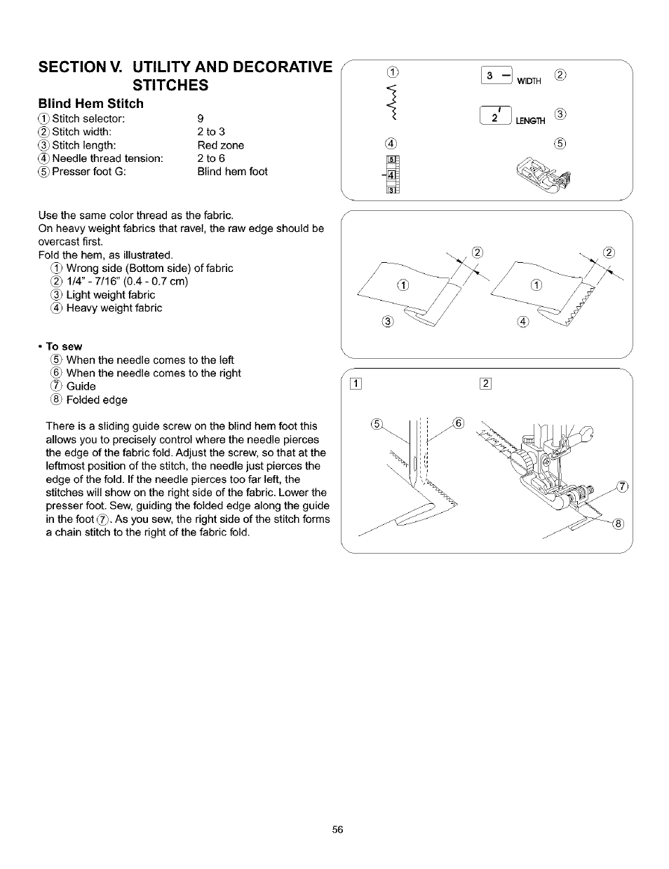 Section v. utility and decorative stitches, Blind hem stitch | Kenmore 385.160201 User Manual | Page 64 / 109