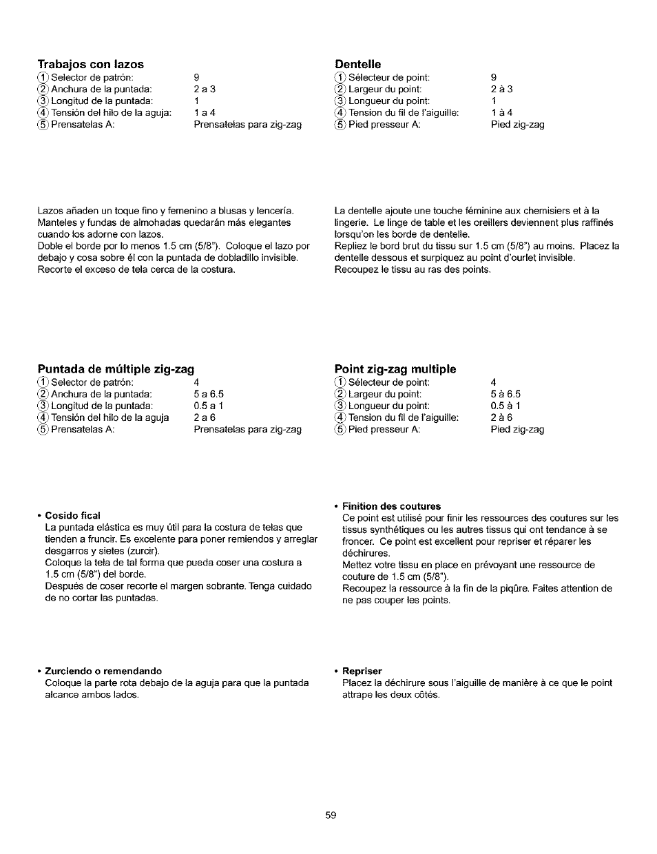 Trabajos con lazos, Cosido ficai, Finition des coutures | Zurciendo o remendando, Repriser, Finition des coutures • repriser | Kenmore 385.160201 User Manual | Page 67 / 109