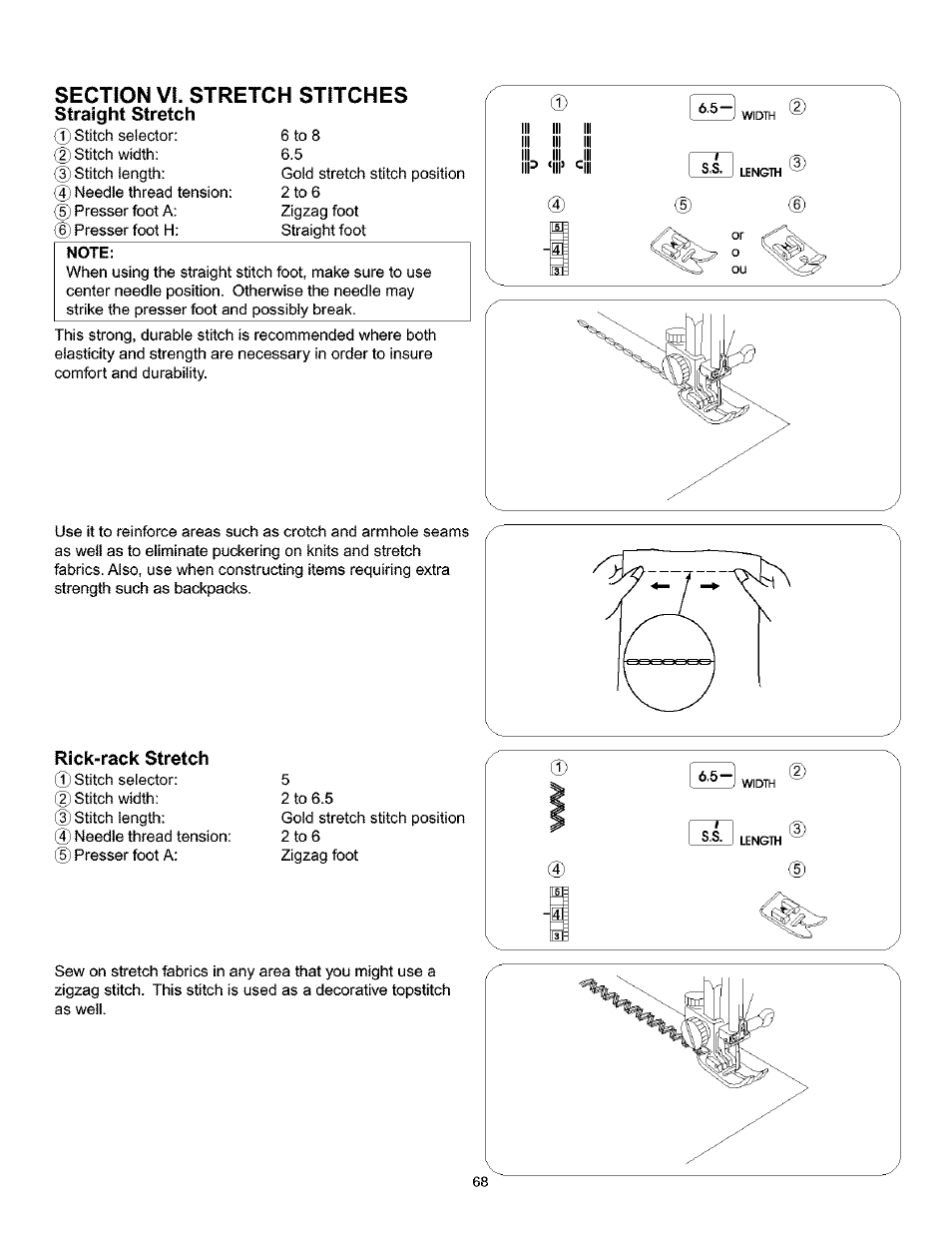 Section vl stretch stitches, Straight stretch, Rick-rack stretch | Straight stretch rick-rack stretch | Kenmore 385.160201 User Manual | Page 76 / 109