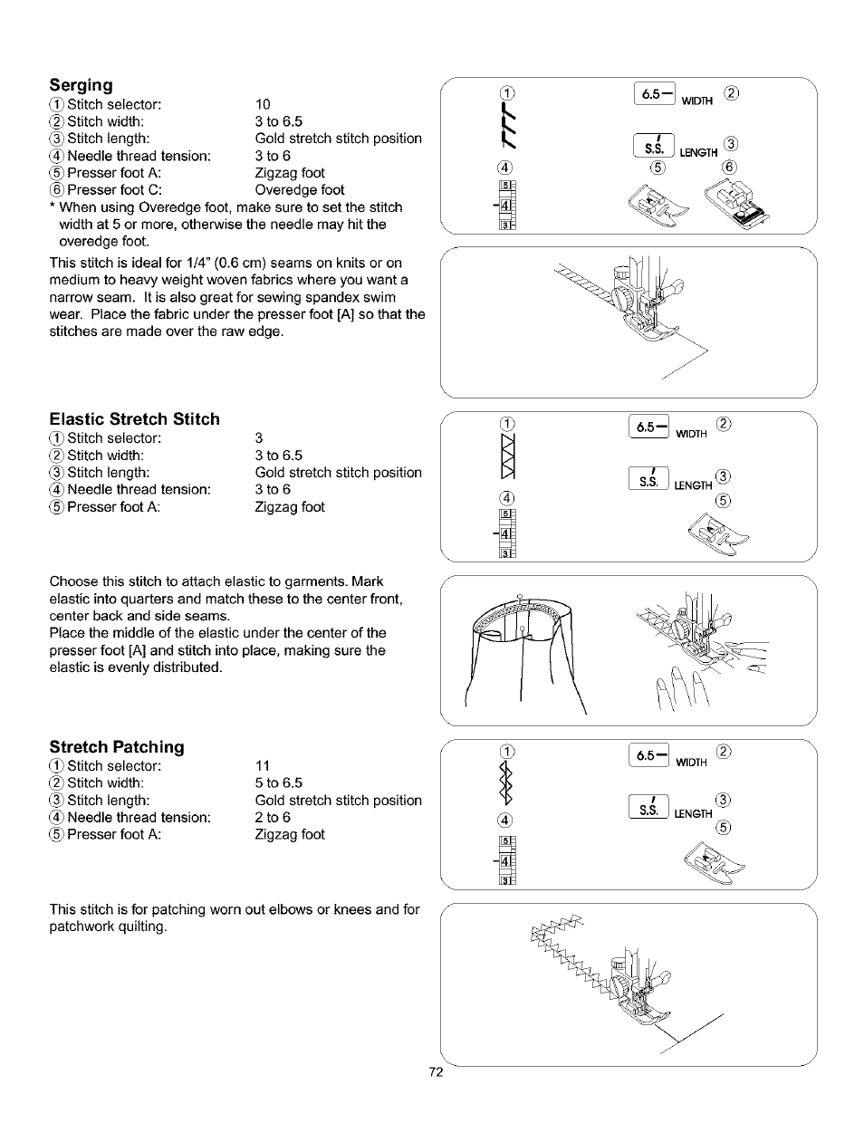 Serging, Elastic stretch stitch, Stretch patching | Serging elastic stretch stitch stretch patching | Kenmore 385.160201 User Manual | Page 80 / 109