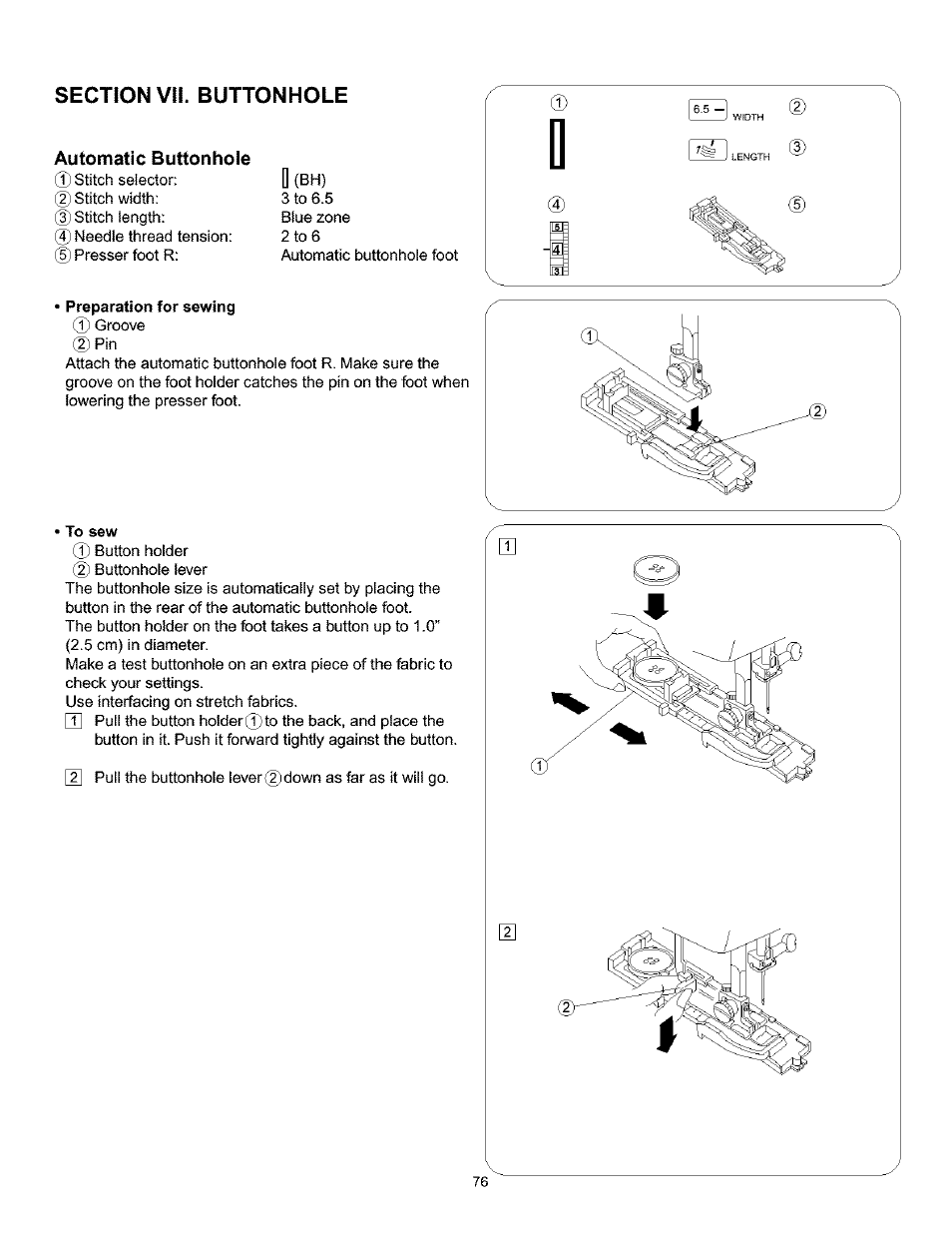 Section vii. buttonhole, Automatic buttonhole, Preparation for sewing | To sew, Automatic buttonhole -80 | Kenmore 385.160201 User Manual | Page 84 / 109