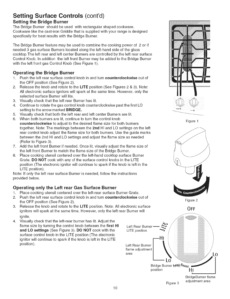 Setting the bridge burner, Operating the bridge burner, Operating only the left rear gas surface burner | Setting surface controls (confd) | Kenmore 790.4662 User Manual | Page 10 / 44