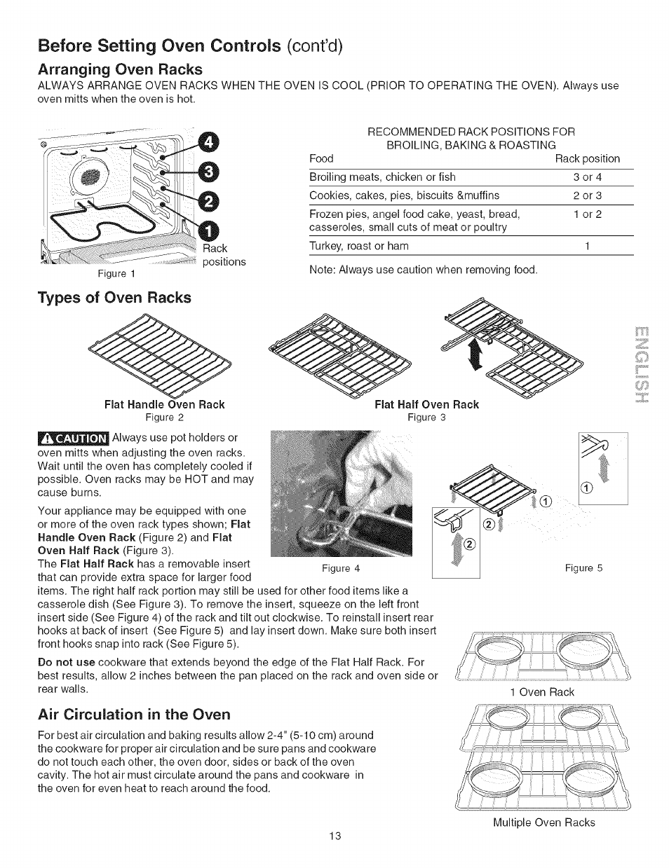 Types of oven racks, Flat half oven rack, Air circulation in the oven | Before setting oven controls (confd), Arranging oven racks | Kenmore 790.4662 User Manual | Page 13 / 44