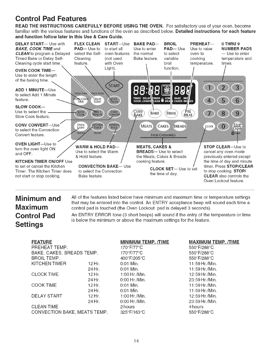 Feature, Minimum temp. /time, Maximum temp. /time | Control pad features, Minimum and maximum control pad settings | Kenmore 790.4662 User Manual | Page 14 / 44