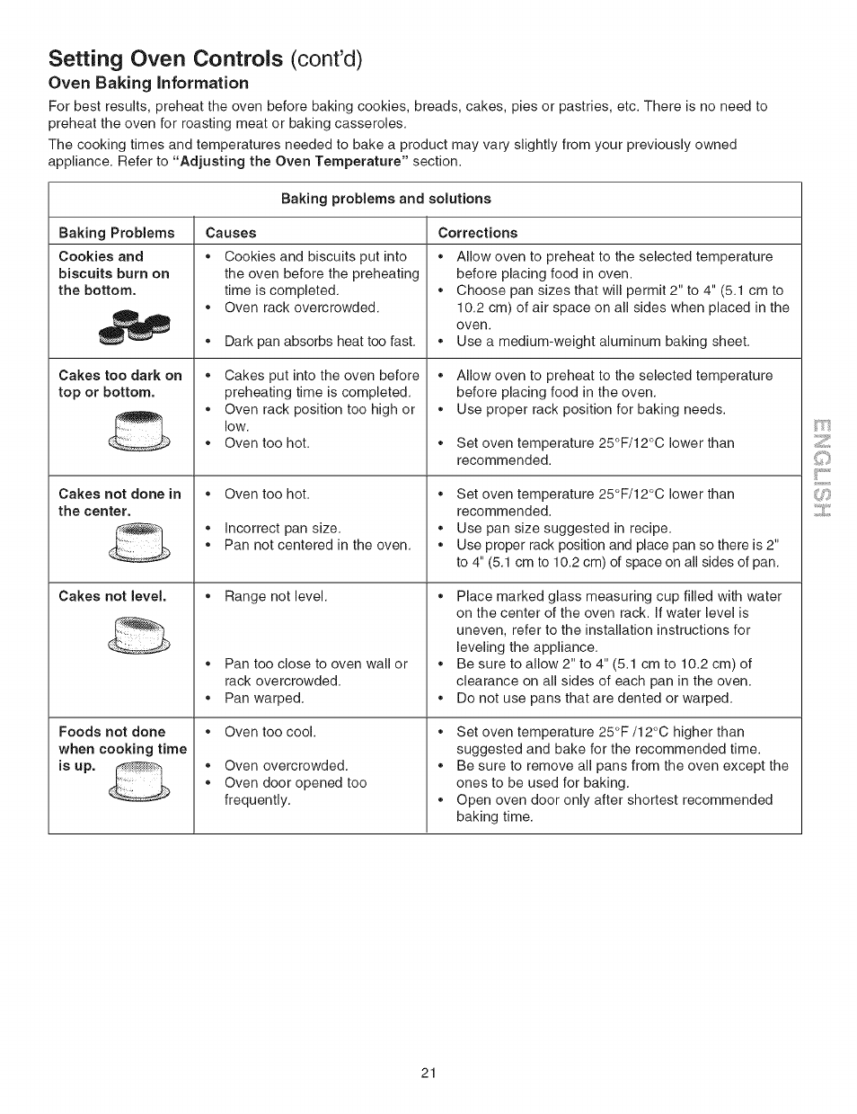 Baking problems and solutions, Baking problems, Causes | Corrections, Cakes too dark on top or bottom, Cakes not done in the center, Cakes not level, Setting oven controls (confd), Oven baking information | Kenmore 790.4662 User Manual | Page 21 / 44