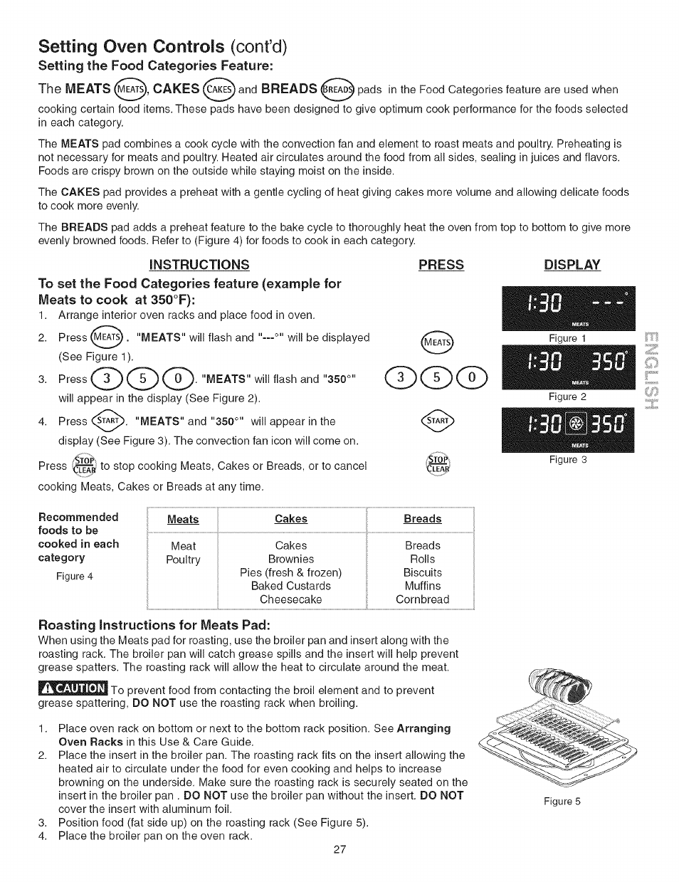 Instructions, Roasting instructions for meats pad, Ao 3si | Iillsiio, Setting oven controls (cont’d), T)cdcd, Setting the food categories feature | Kenmore 790.4662 User Manual | Page 27 / 44