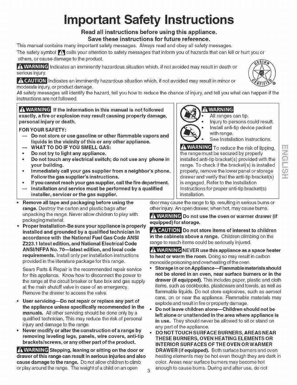 Read all instructions before using this appliance, Save these instructions for future reference, Important safety instructions | Kenmore 790.4662 User Manual | Page 3 / 44