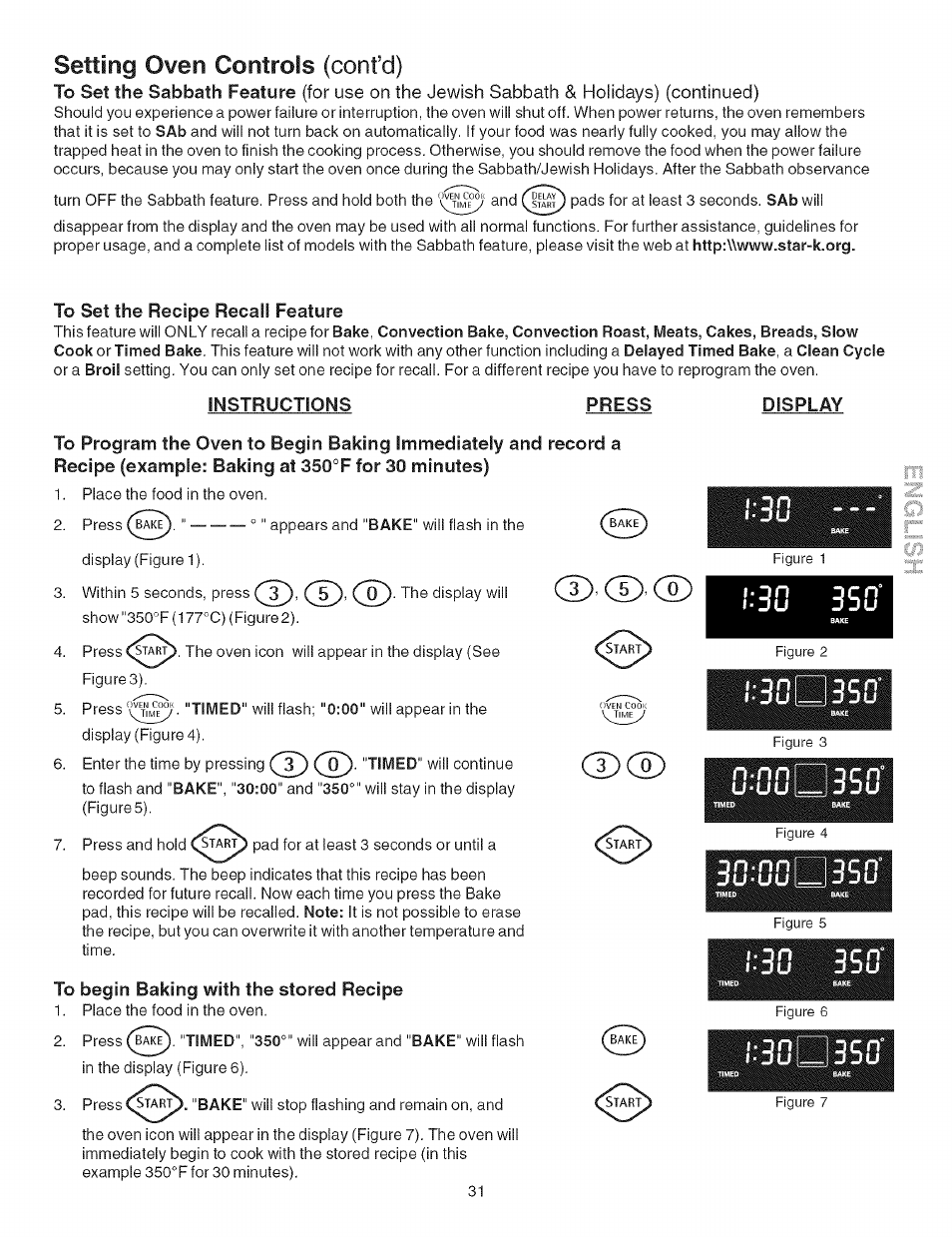 To set the recipe recall feature, Instructions, Press | Display, To begin baking with the stored recipe, Cd cd, Liiib, J350, Setting oven controls (confd) | Kenmore 790.4662 User Manual | Page 31 / 44