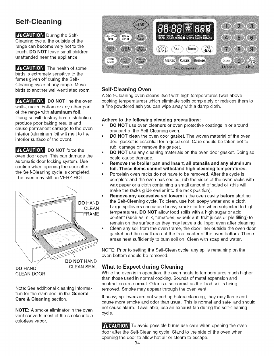 Ik caution, Â caution, A caution | Self-cleaning oven, Adhere to the following cleaning precautions, What to expect during cleaning, Self-cleaning -36, Seif-cleaning | Kenmore 790.4662 User Manual | Page 34 / 44