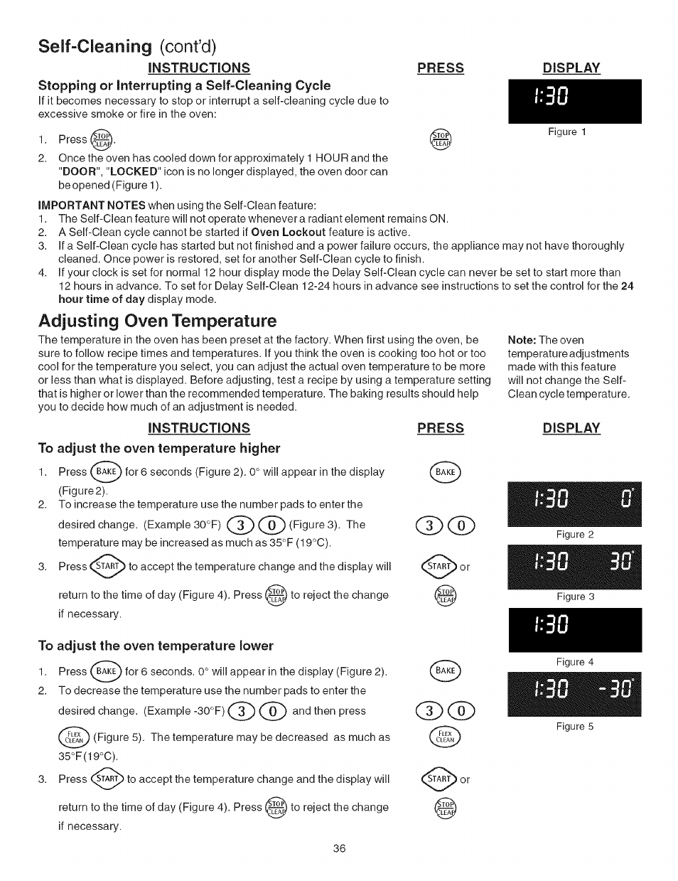 Self-cleaning (confd), Instructions press, Adjusting oven temperature | Instructions, To adjust the oven temperature higher, Press, Display, To adjust the oven temperature lower, Cd cd, Cd co) | Kenmore 790.4662 User Manual | Page 36 / 44