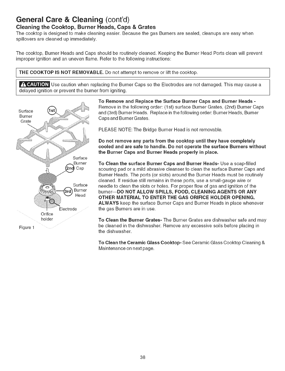 Cleaning the cooktop, burner heads, caps & grates, A caution, General care & cleaning (confd) | Kenmore 790.4662 User Manual | Page 38 / 44