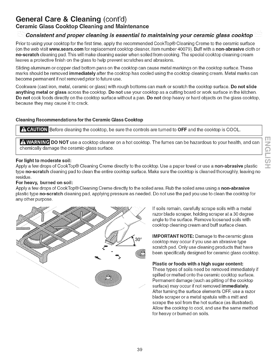 Ceramic glass cooktop cleaning and maintenance, For light to moderate soil, Plastic or foods with a high sugar content | General care & cleaning (confd) | Kenmore 790.4662 User Manual | Page 39 / 44