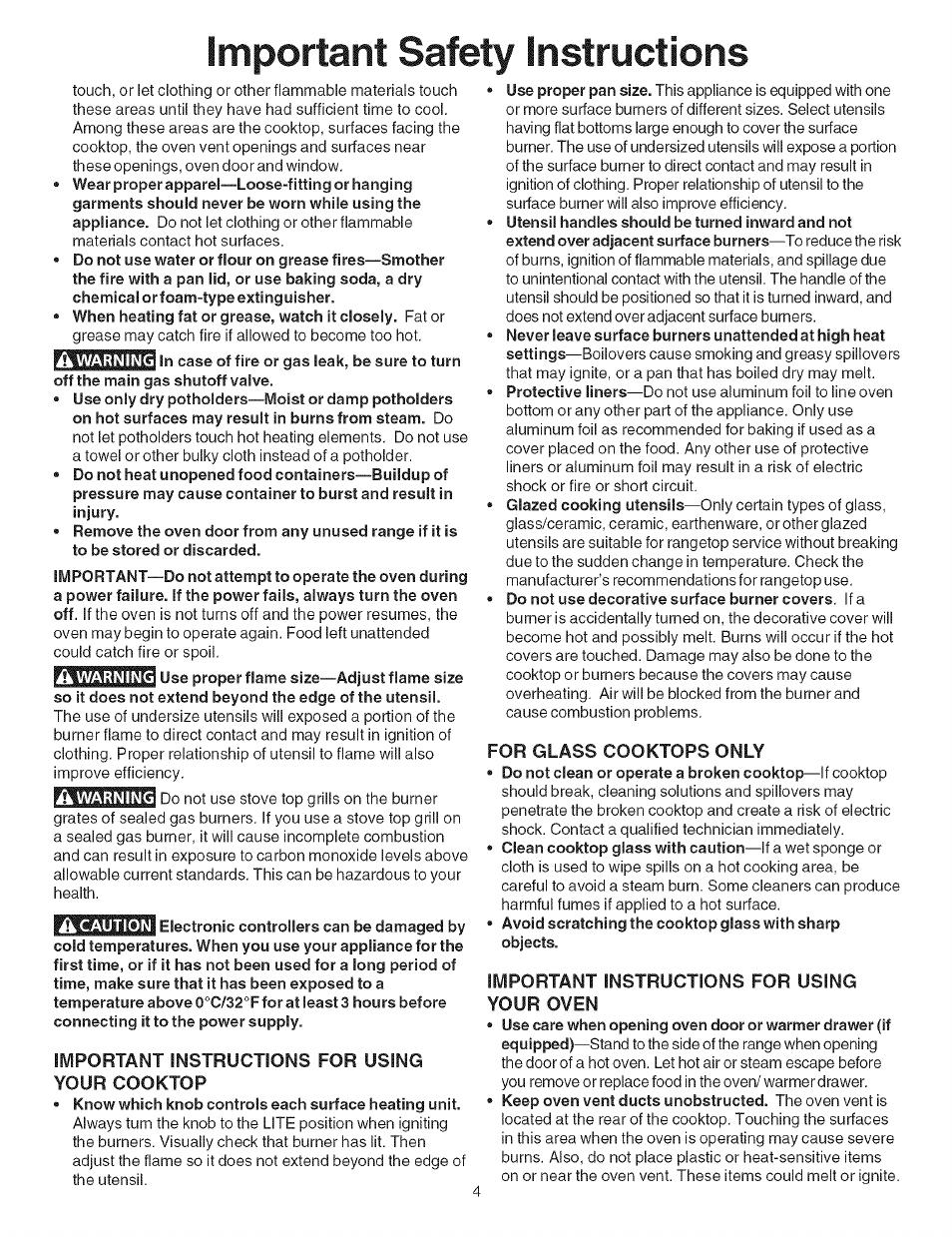 Important instructions for using your cooktop, For glass cooktops only, Important instructions for using your oven | Important safety instructions | Kenmore 790.4662 User Manual | Page 4 / 44