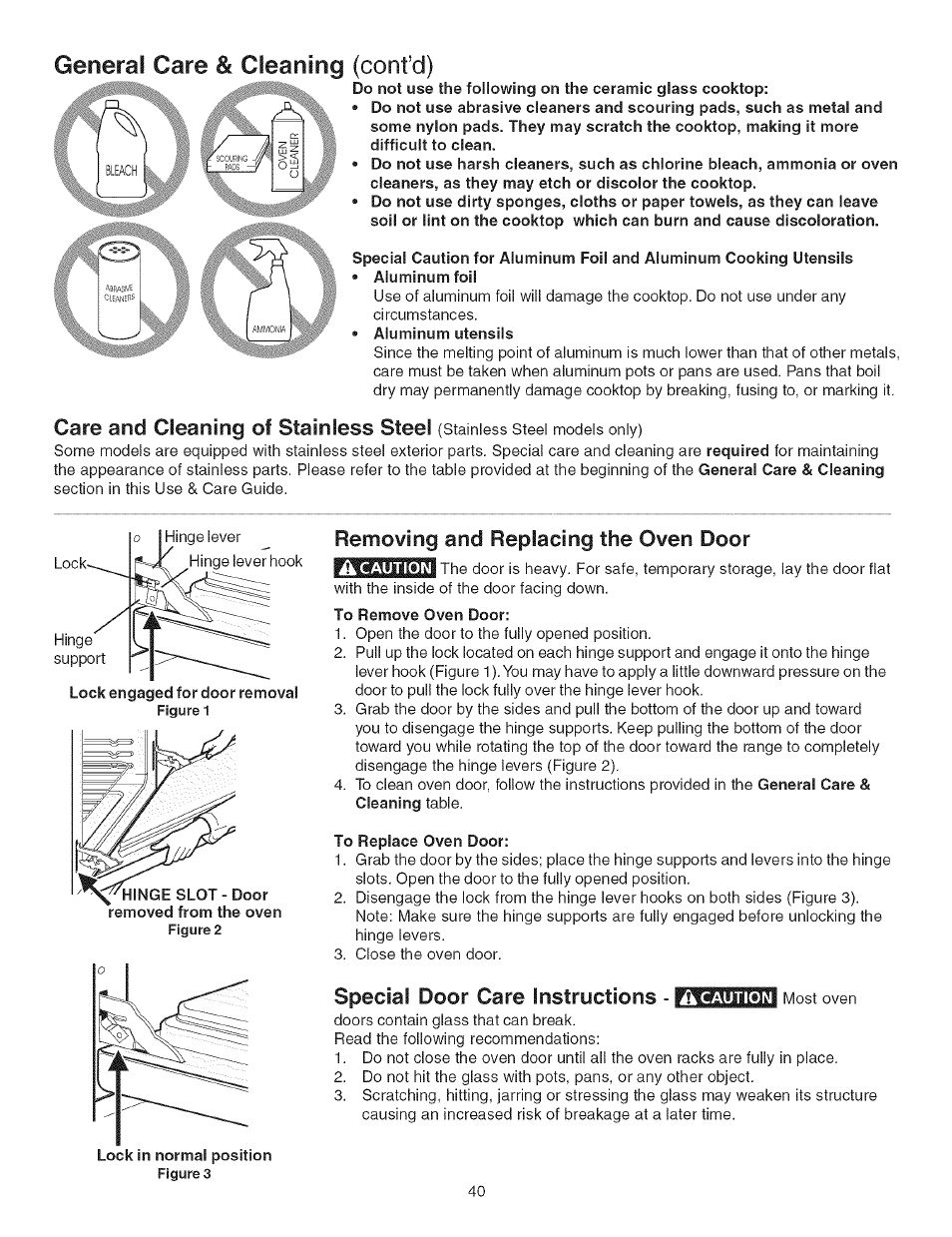 Ik caution, To remove oven door, To replace oven door | General care & cleaning (confd), Care and cleaning of stainless steel, Removing and replacing the oven door, Special door care instructions | Kenmore 790.4662 User Manual | Page 40 / 44