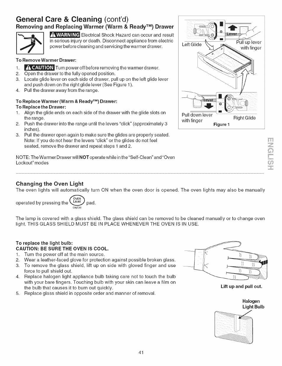 To remove warmer drawer, To replace warmer (warm & ready™) drawer, Changing the oven light | To replace the light bulb, Caution: be sure the oven is cool, Halogen light bulb, General care & cleaning (confcl) | Kenmore 790.4662 User Manual | Page 41 / 44