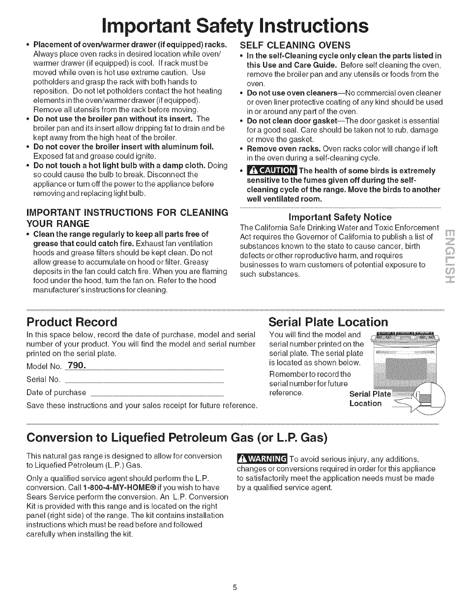 Important instructions for cleaning your range, Important safety notice, Product record | Conversion to liquefied, Petroleum, Gas (or l.p. gas), Important safety instructions, Plate, Serial, Location | Kenmore 790.4662 User Manual | Page 5 / 44