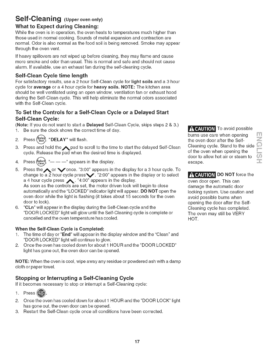 What to expect during cleaning, Self-clean cycle time length, When the self-clean cycle is completed | Stopping or interrupting a self-cleaning cycle, Self-cleaning | Kenmore 790.4139 User Manual | Page 17 / 26