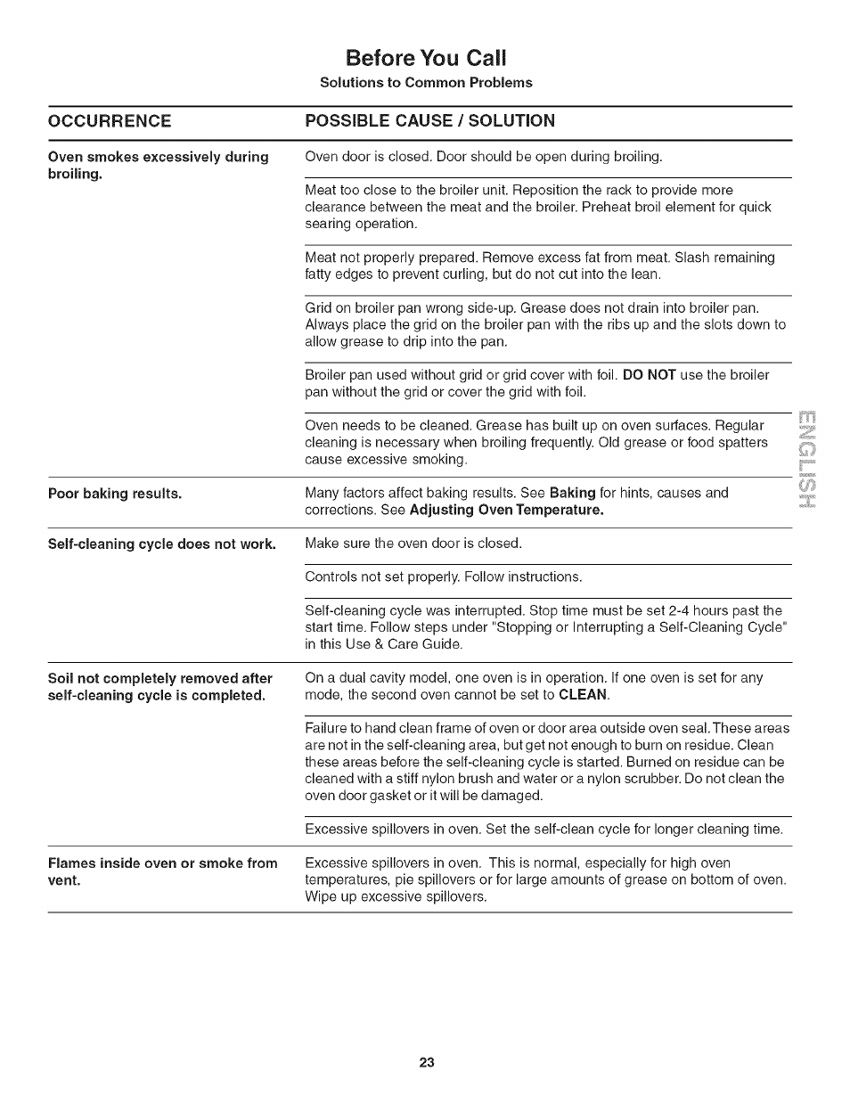 Possible cause / solution, Oven smokes excessively during broiling, Poor baking results | Flames inside oven or smoke from vent, Before you cali | Kenmore 790.4139 User Manual | Page 23 / 26