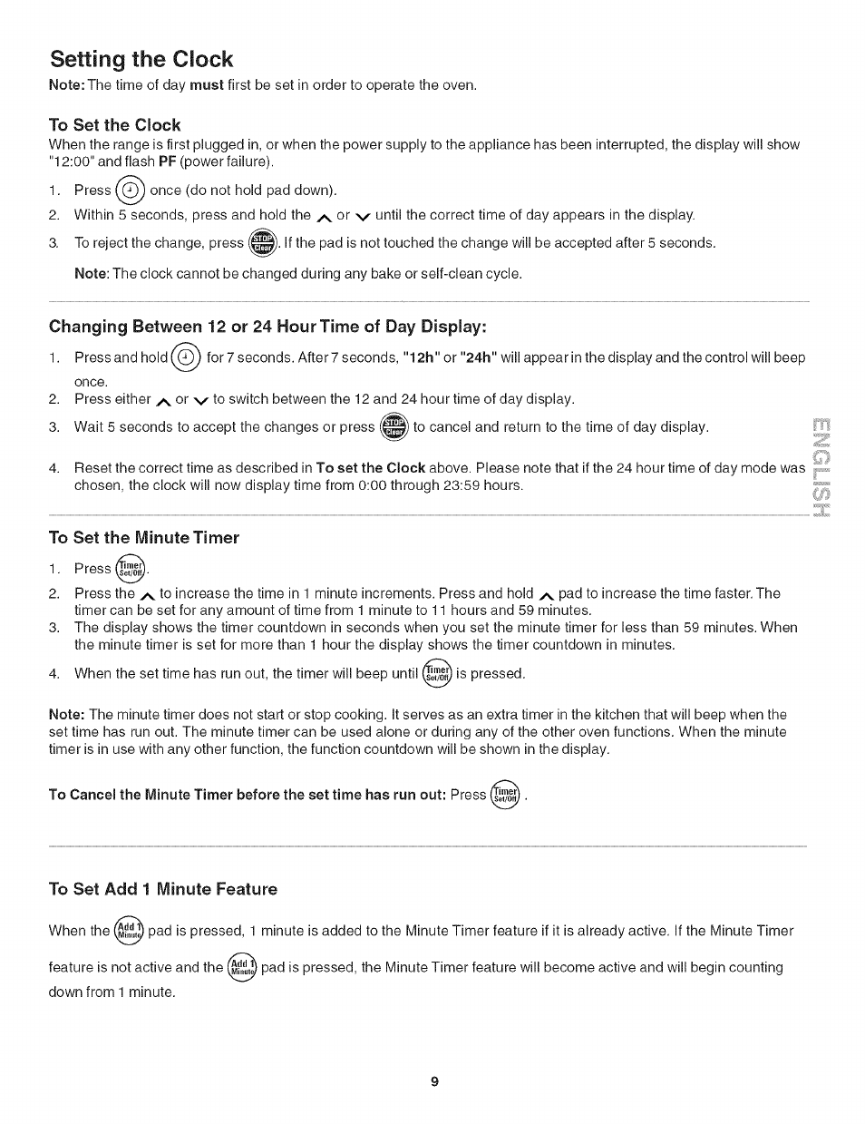 To set the clock, Changing between 12 or 24 hourtime of day display, To set the minute timer | To set add 1 minute feature, Setting the clock | Kenmore 790.4139 User Manual | Page 9 / 26