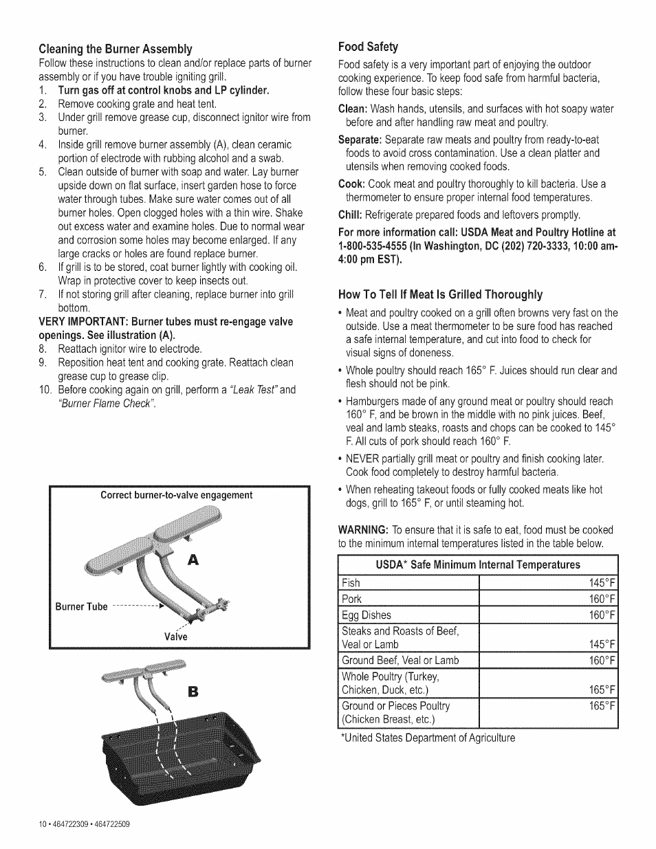 Cleaning the burner assembly, Food safety, How to tell if meat is grilled thoroughly | Cleaning, Burner assembly, Turn gas off at control knobs and lp cylinder, Clean, Separate, Cook, Chill | Kenmore 415.165059 User Manual | Page 10 / 28