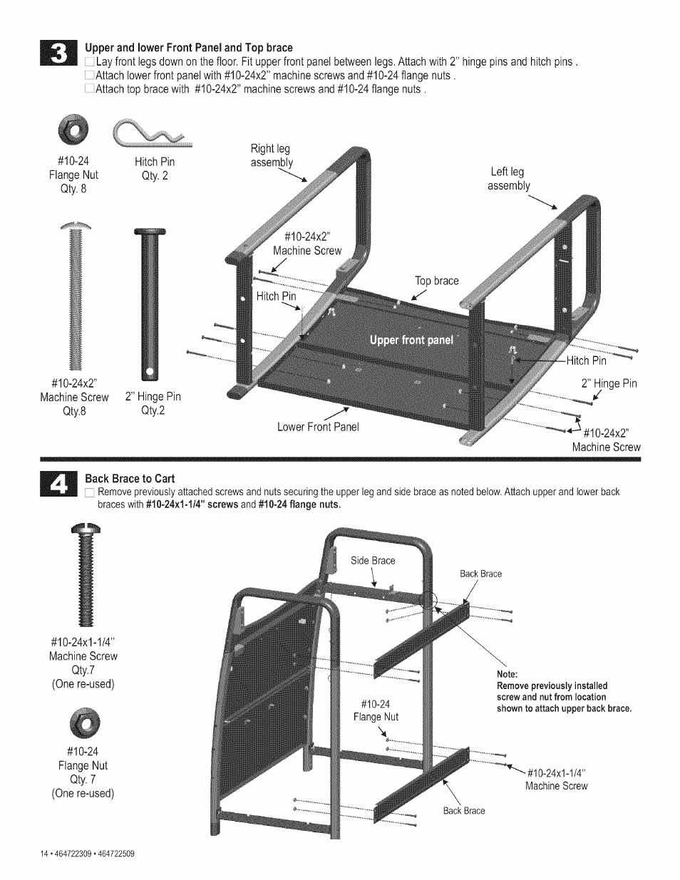 Upper and lower front panel and top brace, Back brace to cart | Kenmore 415.165059 User Manual | Page 14 / 28