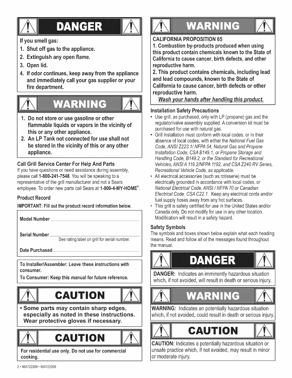 Danger, Caution | Kenmore 415.165059 User Manual | Page 2 / 28