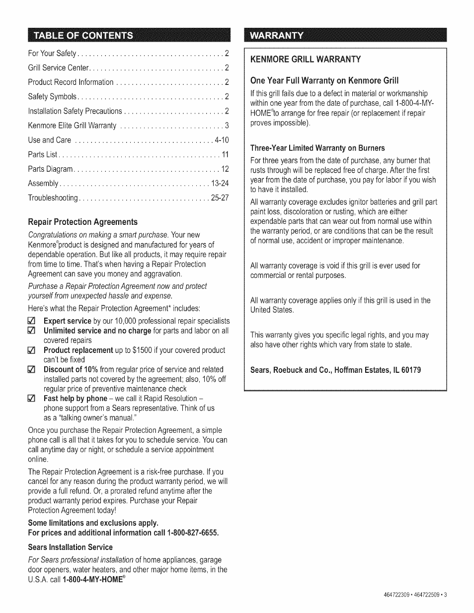 Repair protection agreements, Sears installation service, Table of contents warranty | Grill service center, Expert service, Unlimited service and no charge, Product replacement, Discount of 10, Fast help, Phone | Kenmore 415.165059 User Manual | Page 3 / 28